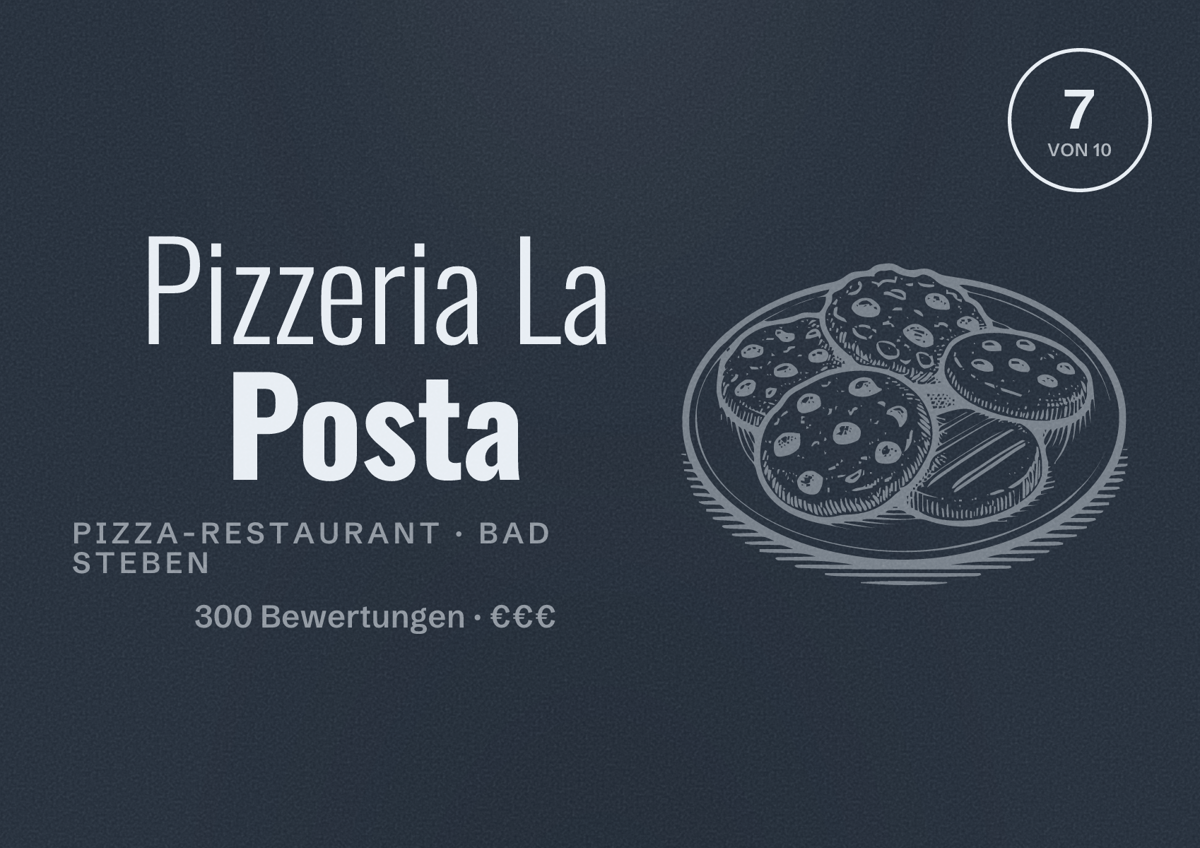 Illustriertes Poster von Pizzeria La Posta, Pizza-Restaurant in Bad Steben: Bewertung 7 von 10 aus 300 Bewertungen, Preisniveau €€€