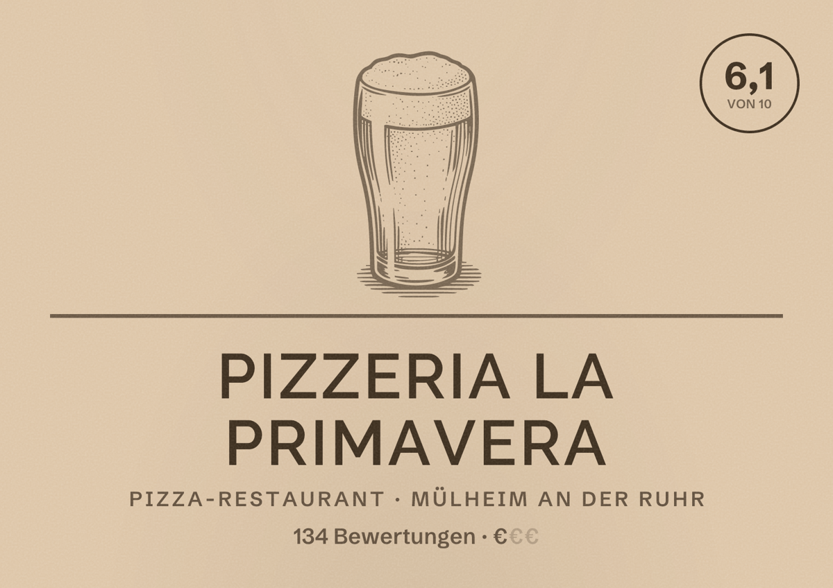 Illustriertes Poster von Pizzeria La Primavera, Pizza-Restaurant in Mülheim an der Ruhr: Bewertung 6,1 von 10 aus 134 Bewertungen, Preisniveau €