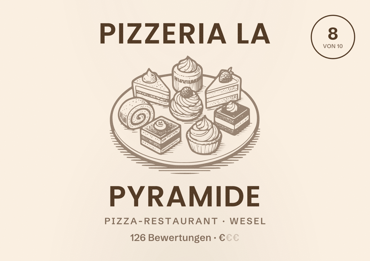 Illustriertes Poster von Pizzeria La Pyramide, Pizza-Restaurant in Wesel: Bewertung 8 von 10 aus 126 Bewertungen, Preisniveau €