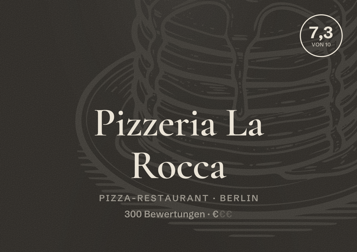Illustriertes Poster von Pizzeria La Rocca, Pizza-Restaurant in Berlin: Bewertung 7,3 von 10 aus 300 Bewertungen, Preisniveau €