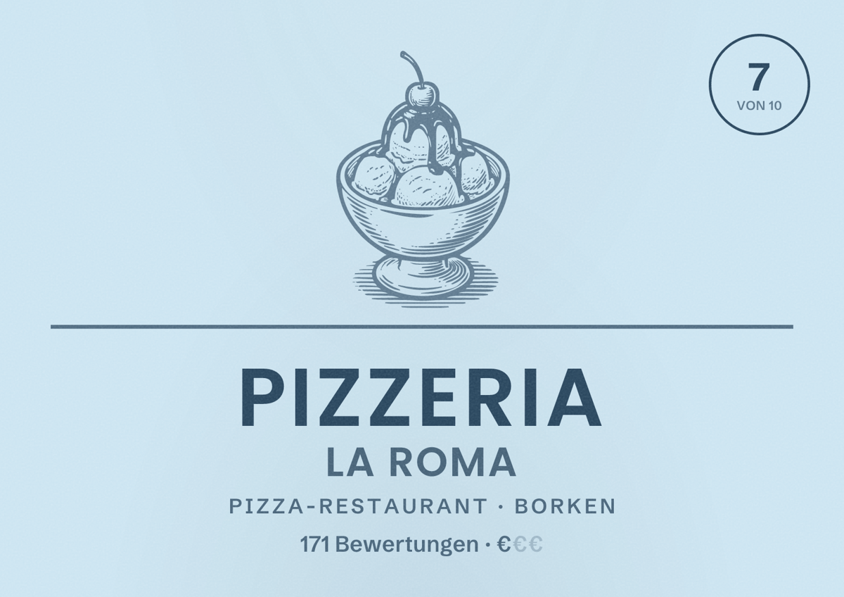 Illustriertes Poster von Pizzeria La Roma, Pizza-Restaurant in Borken: Bewertung 7 von 10 aus 171 Bewertungen, Preisniveau €