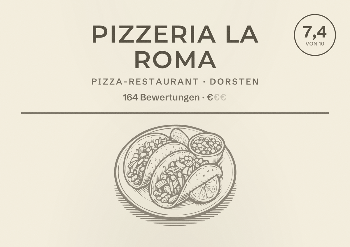 Illustriertes Poster von Pizzeria La Roma, Pizza-Restaurant in Dorsten: Bewertung 7,4 von 10 aus 164 Bewertungen, Preisniveau €