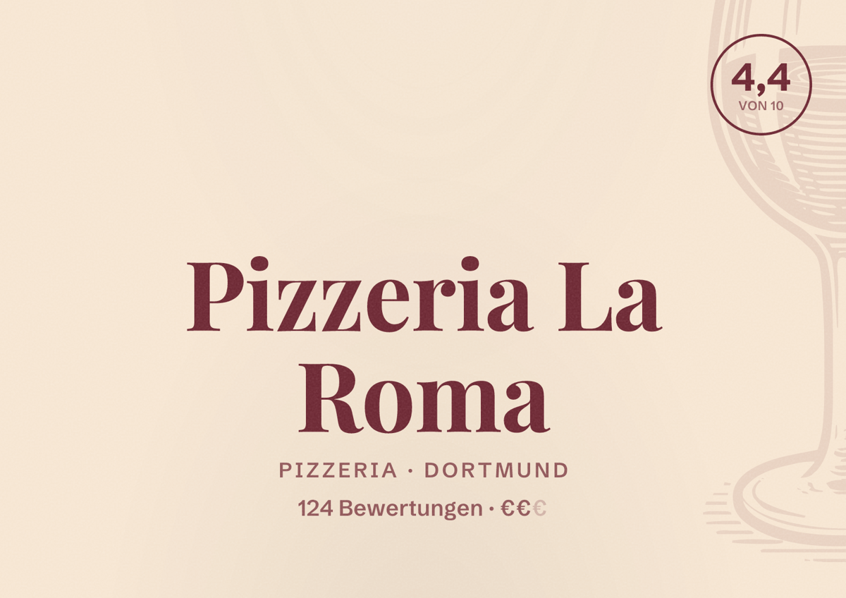 Illustriertes Poster von Pizzeria La Roma, Pizzeria in Dortmund: Bewertung 4,4 von 10 aus 124 Bewertungen, Preisniveau €€