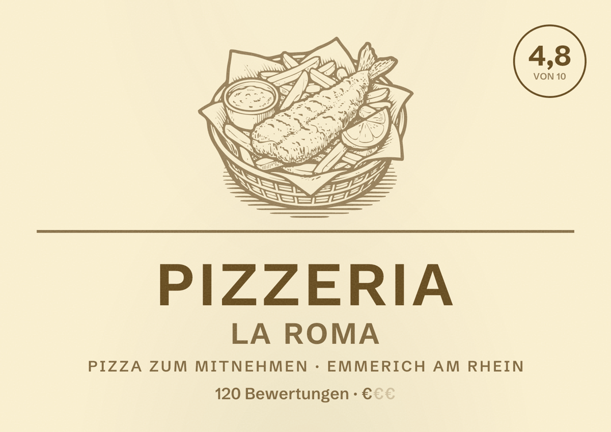Illustriertes Poster von Pizzeria La Roma, Pizza zum Mitnehmen in Emmerich am Rhein: Bewertung 4,8 von 10 aus 120 Bewertungen, Preisniveau €