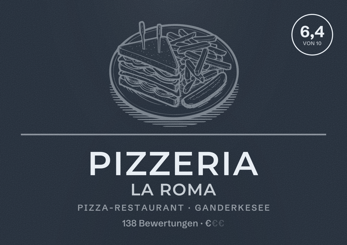 Illustriertes Poster von Pizzeria La Roma, Pizza-Restaurant in Ganderkesee: Bewertung 6,4 von 10 aus 138 Bewertungen, Preisniveau €