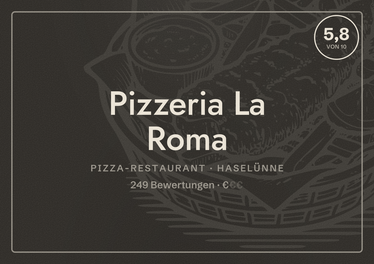 Illustriertes Poster von Pizzeria La Roma, Pizza-Restaurant in Haselünne: Bewertung 5,8 von 10 aus 249 Bewertungen, Preisniveau €