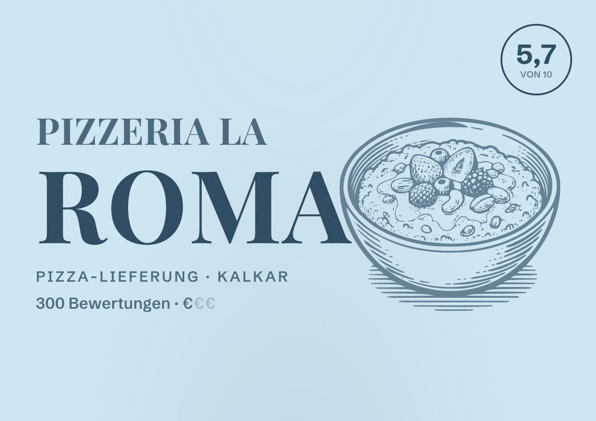 Illustriertes Poster von Pizzeria La Roma, Pizza-Lieferung in Kalkar: Bewertung 5,7 von 10 aus 300 Bewertungen, Preisniveau €