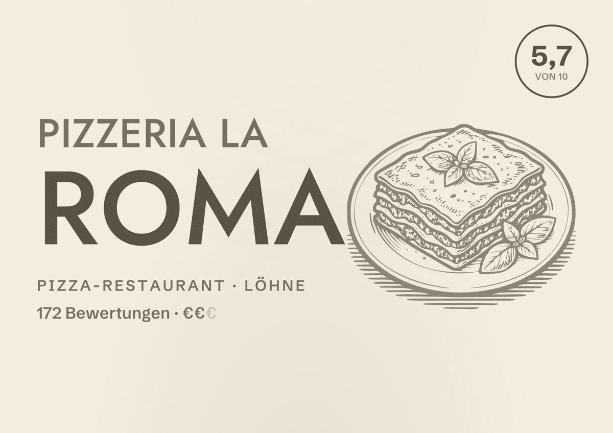Illustriertes Poster von Pizzeria La Roma, Pizza-Restaurant in Löhne: Bewertung 5,7 von 10 aus 172 Bewertungen, Preisniveau €€