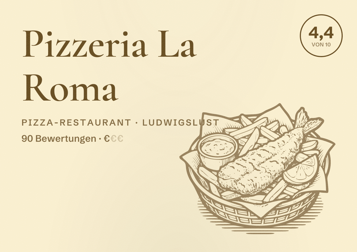 Illustriertes Poster von Pizzeria La Roma, Pizza-Restaurant in Ludwigslust: Bewertung 4,4 von 10 aus 90 Bewertungen, Preisniveau €