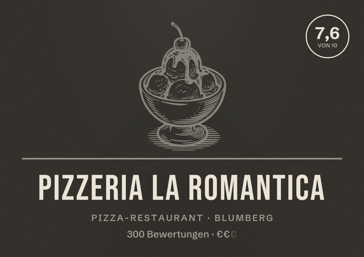 Illustriertes Poster von Pizzeria La Romantica, Pizza-Restaurant in Blumberg: Bewertung 7,6 von 10 aus 300 Bewertungen, Preisniveau €€