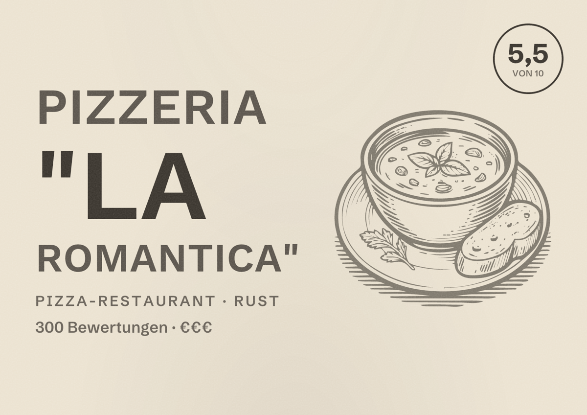 Illustriertes Poster von Pizzeria "La Romantica", Pizza-Restaurant in Rust: Bewertung 5,5 von 10 aus 300 Bewertungen, Preisniveau €€€