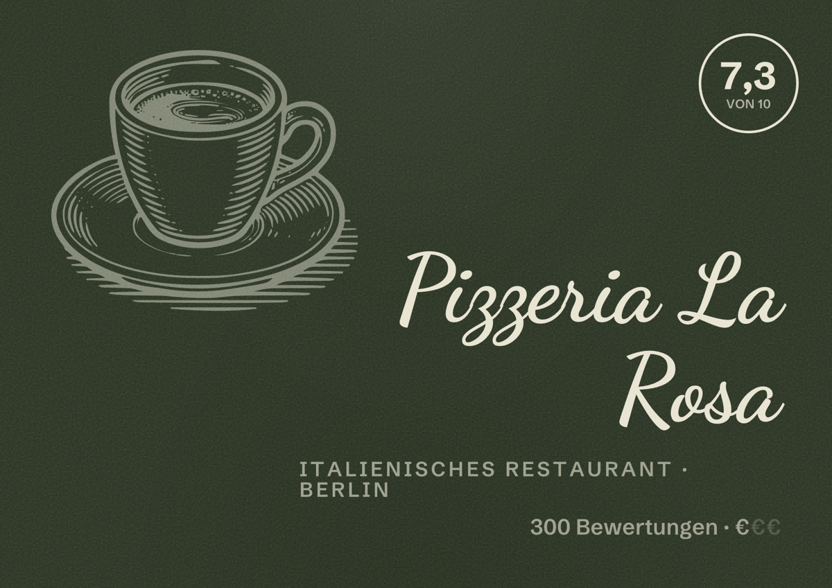 Illustriertes Poster von Pizzeria La Rosa, Italienisches Restaurant in Berlin: Bewertung 7,3 von 10 aus 300 Bewertungen, Preisniveau €
