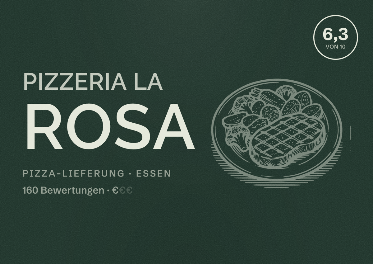 Illustriertes Poster von Pizzeria la Rosa, Pizza-Lieferung in Essen: Bewertung 6,3 von 10 aus 160 Bewertungen, Preisniveau €