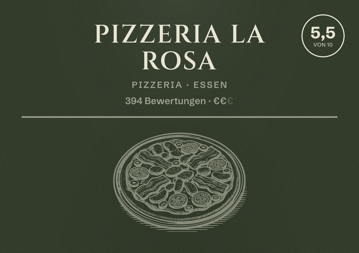 Illustriertes Poster von Pizzeria la Rosa, Pizzeria in Essen: Bewertung 5,5 von 10 aus 394 Bewertungen, Preisniveau €€