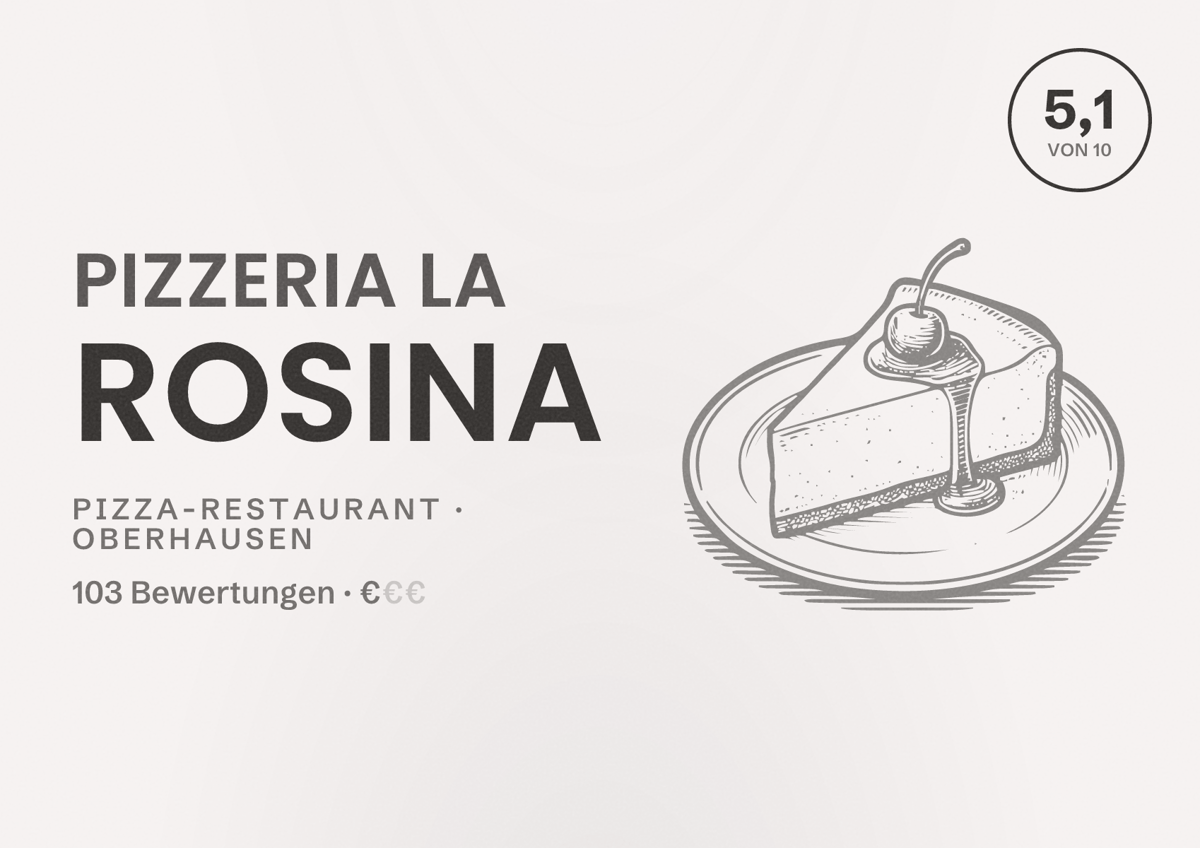 Illustriertes Poster von Pizzeria La Rosina, Pizza-Restaurant in Oberhausen: Bewertung 5,1 von 10 aus 103 Bewertungen, Preisniveau €