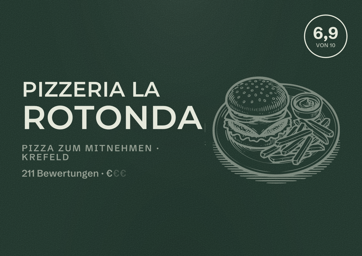 Illustriertes Poster von Pizzeria la rotonda, Pizza zum Mitnehmen in Krefeld: Bewertung 6,9 von 10 aus 211 Bewertungen, Preisniveau €