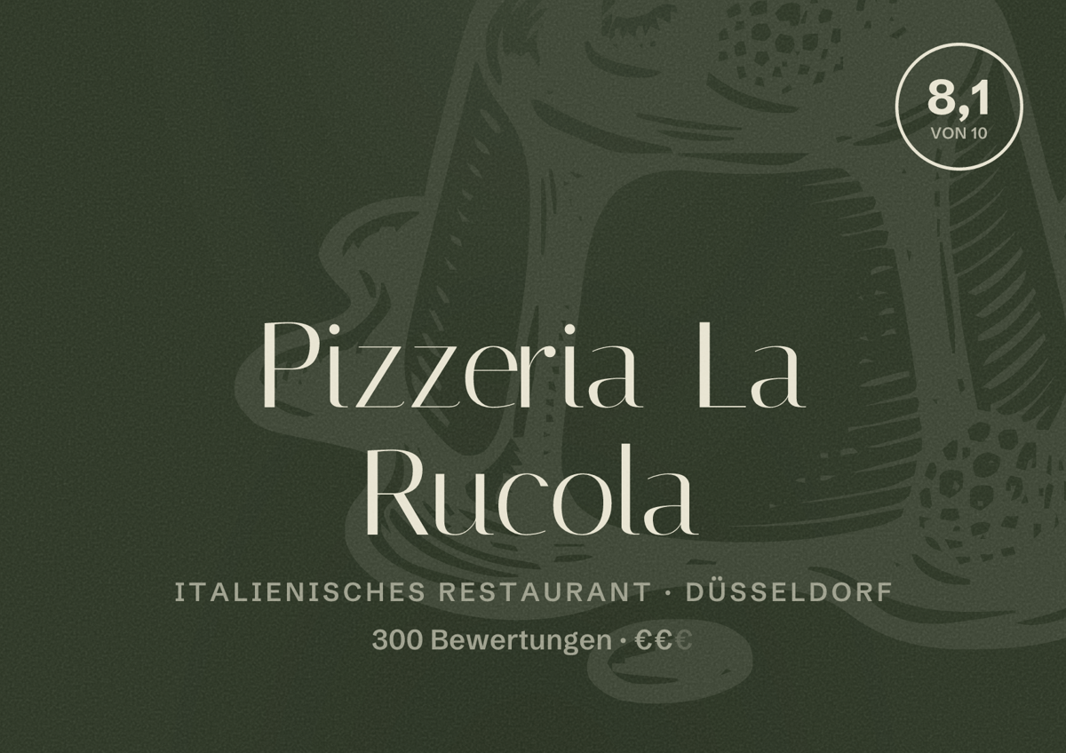 Illustriertes Poster von Pizzeria La Rucola, Italienisches Restaurant in Düsseldorf: Bewertung 8,1 von 10 aus 300 Bewertungen, Preisniveau €€