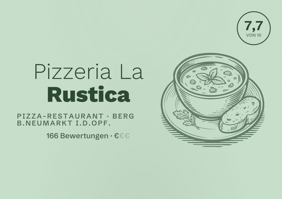 Illustriertes Poster von Pizzeria La Rustica, Pizza-Restaurant in Berg b.Neumarkt i.d.OPf.: Bewertung 7,7 von 10 aus 166 Bewertungen, Preisniveau €