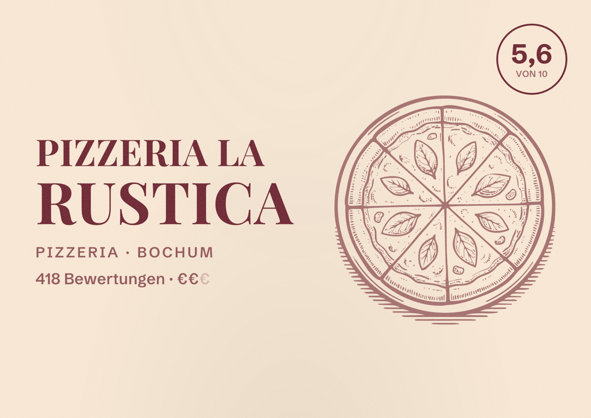Illustriertes Poster von Pizzeria La Rustica, Pizzeria in Bochum: Bewertung 5,6 von 10 aus 418 Bewertungen, Preisniveau €€