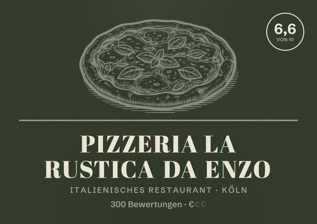 Illustriertes Poster von Pizzeria la Rustica da Enzo, Italienisches Restaurant in Köln: Bewertung 6,6 von 10 aus 300 Bewertungen, Preisniveau €