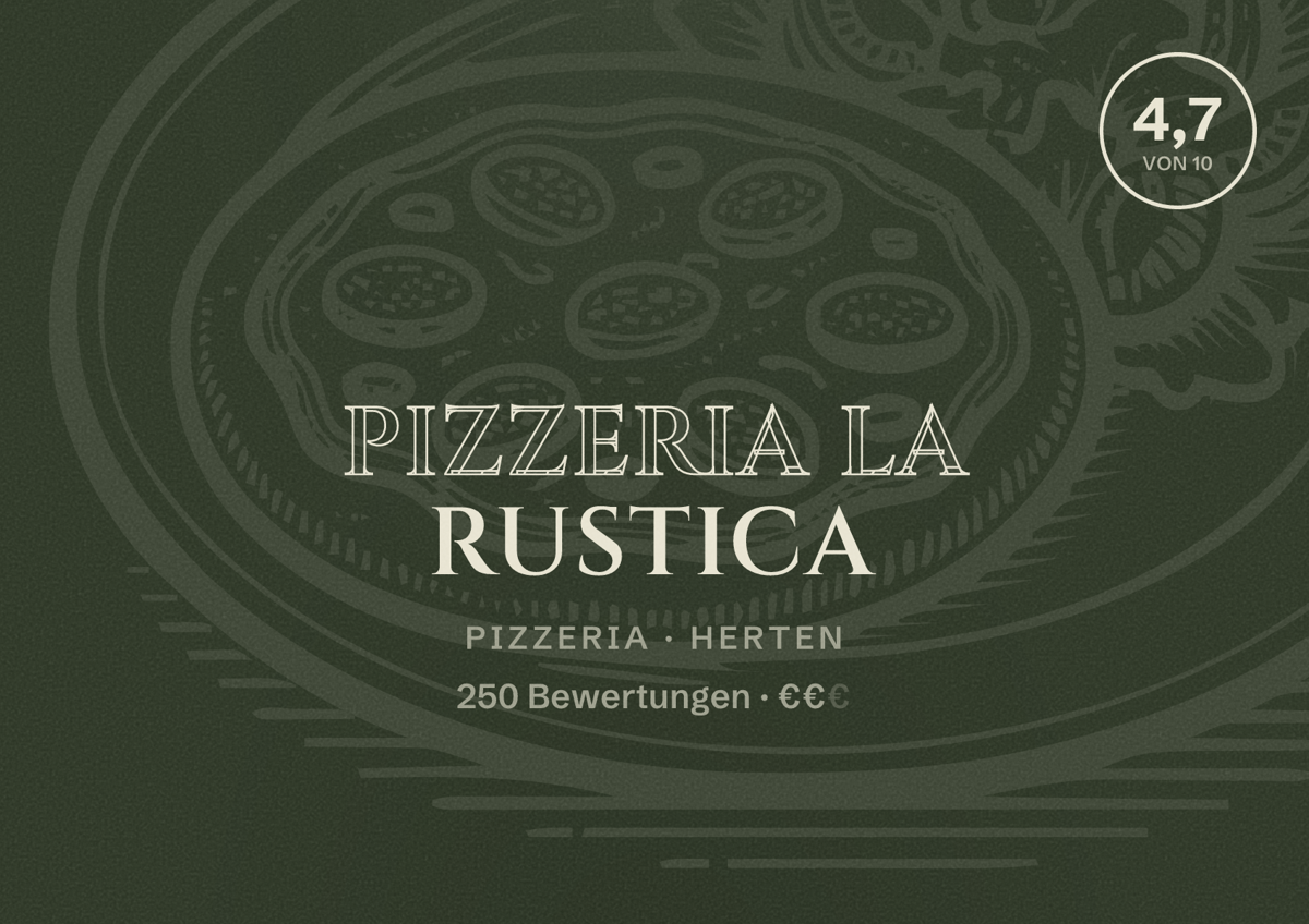 Illustriertes Poster von Pizzeria La Rustica, Pizzeria in Herten: Bewertung 4,7 von 10 aus 250 Bewertungen, Preisniveau €€