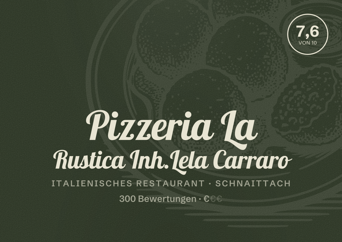 Illustriertes Poster von Pizzeria La Rustica Inh.Lela Carraro, Italienisches Restaurant in Schnaittach: Bewertung 7,6 von 10 aus 300 Bewertungen, Preisniveau €