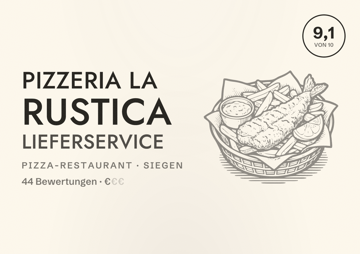 Illustriertes Poster von PIZZERIA LA RUSTICA LIEFERSERVICE, Pizza-Restaurant in Siegen: Bewertung 9,1 von 10 aus 44 Bewertungen, Preisniveau €