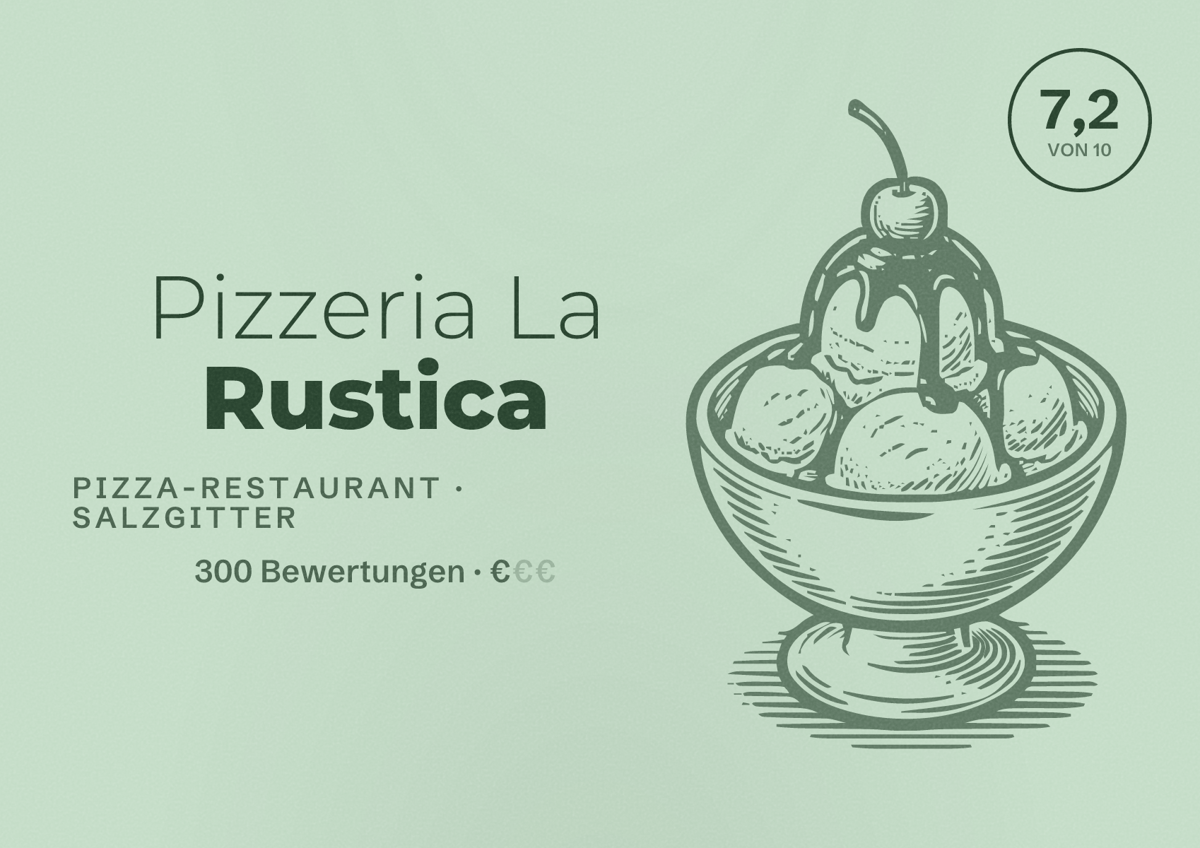 Illustriertes Poster von Pizzeria La Rustica, Pizza-Restaurant in Salzgitter: Bewertung 7,2 von 10 aus 300 Bewertungen, Preisniveau €