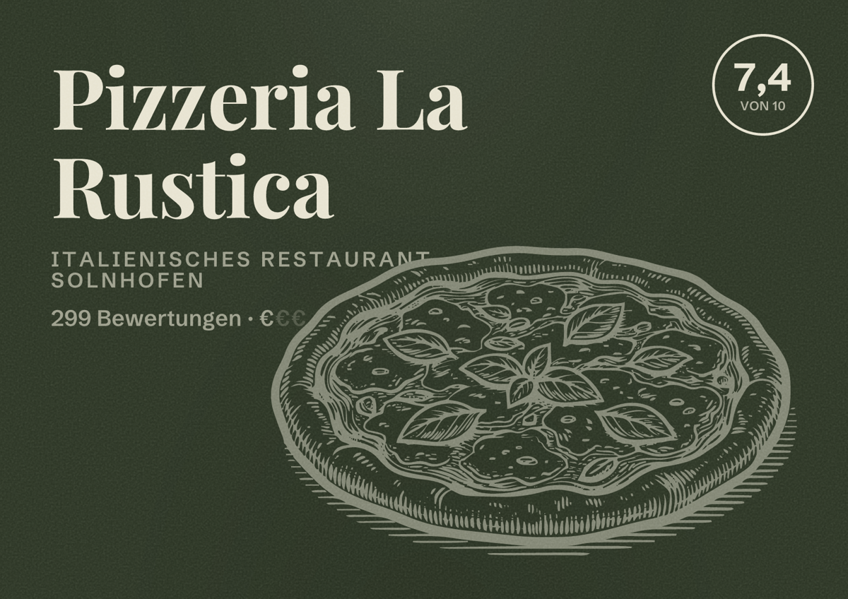 Illustriertes Poster von Pizzeria La Rustica, Italienisches Restaurant in Solnhofen: Bewertung 7,4 von 10 aus 299 Bewertungen, Preisniveau €