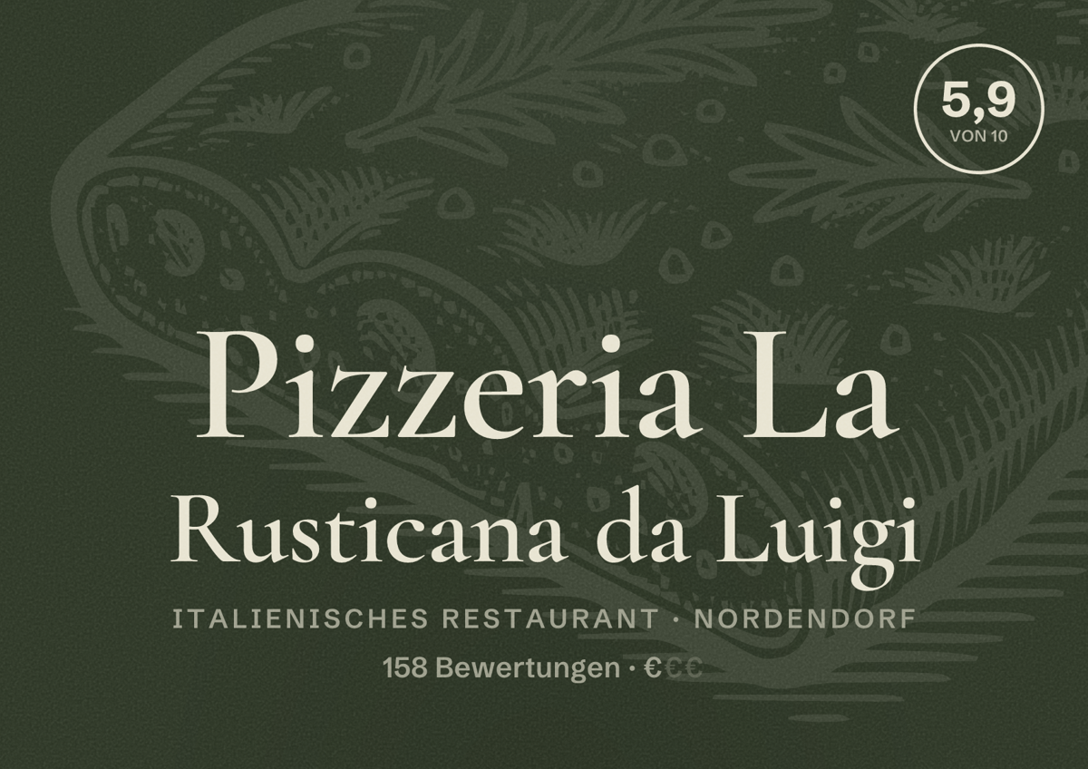 Illustriertes Poster von Pizzeria La Rusticana da Luigi, Italienisches Restaurant in Nordendorf: Bewertung 5,9 von 10 aus 158 Bewertungen, Preisniveau €