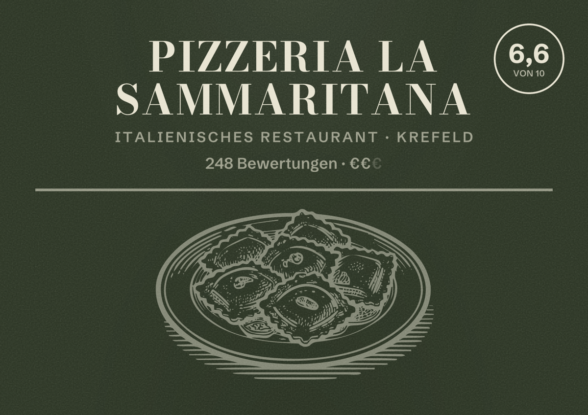 Illustriertes Poster von Pizzeria La Sammaritana, Italienisches Restaurant in Krefeld: Bewertung 6,6 von 10 aus 248 Bewertungen, Preisniveau €€