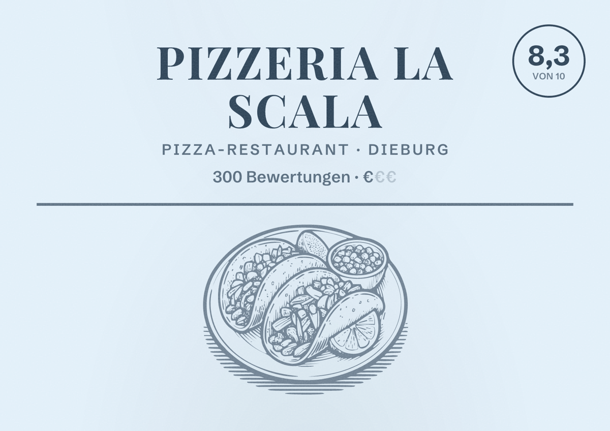 Illustriertes Poster von Pizzeria La Scala, Pizza-Restaurant in Dieburg: Bewertung 8,3 von 10 aus 300 Bewertungen, Preisniveau €
