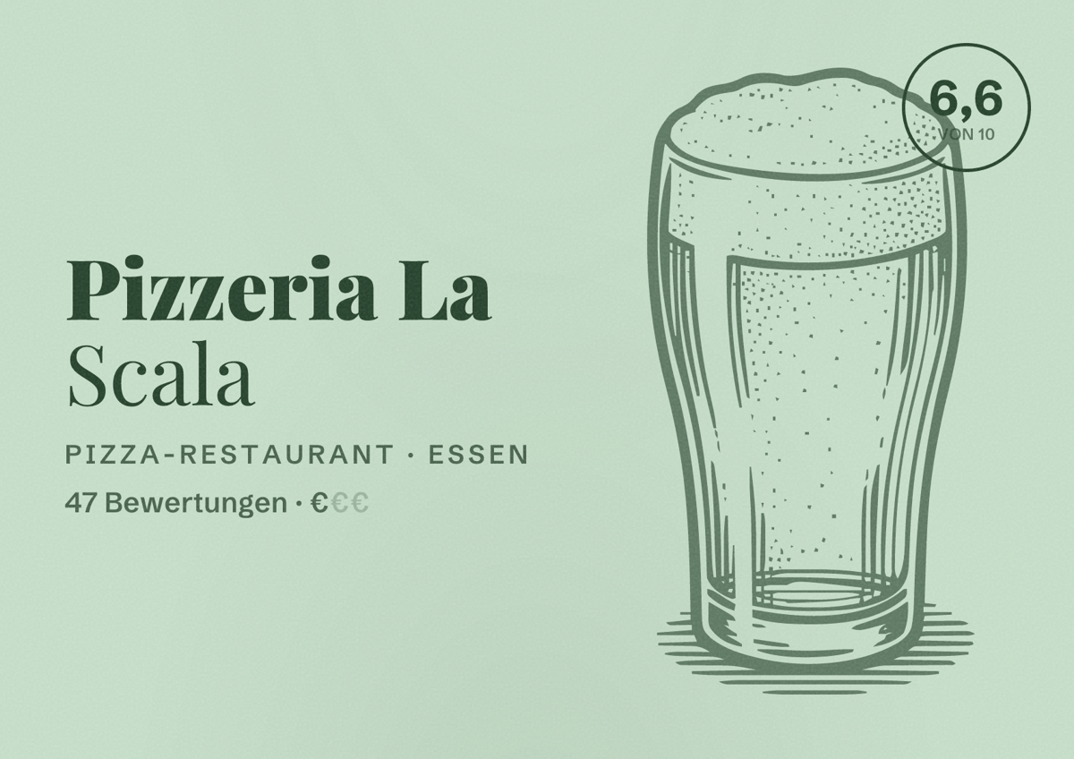 Illustriertes Poster von Pizzeria La Scala, Pizza-Restaurant in Essen: Bewertung 6,6 von 10 aus 47 Bewertungen, Preisniveau €