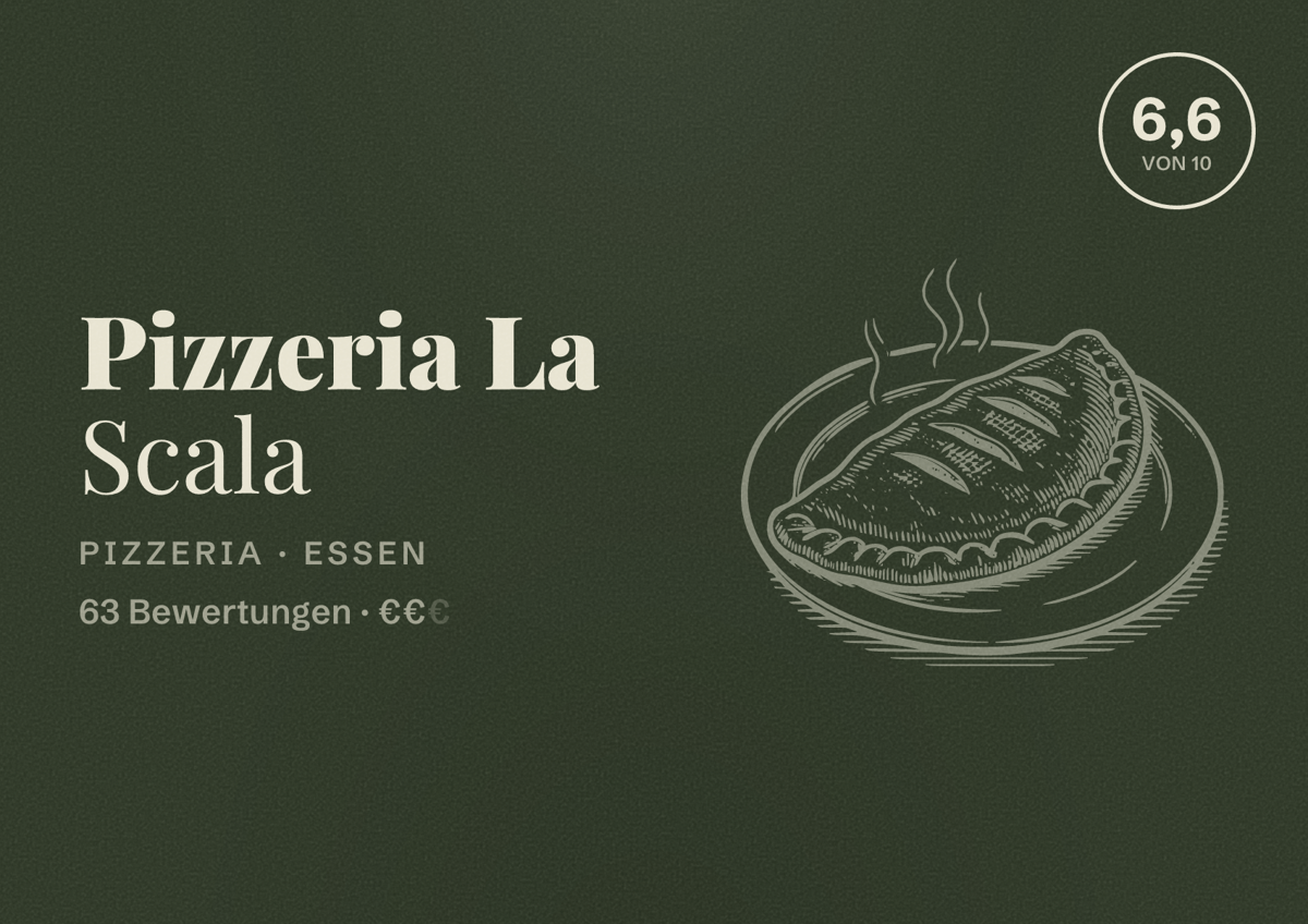 Illustriertes Poster von Pizzeria La Scala, Pizzeria in Essen: Bewertung 6,6 von 10 aus 63 Bewertungen, Preisniveau €€