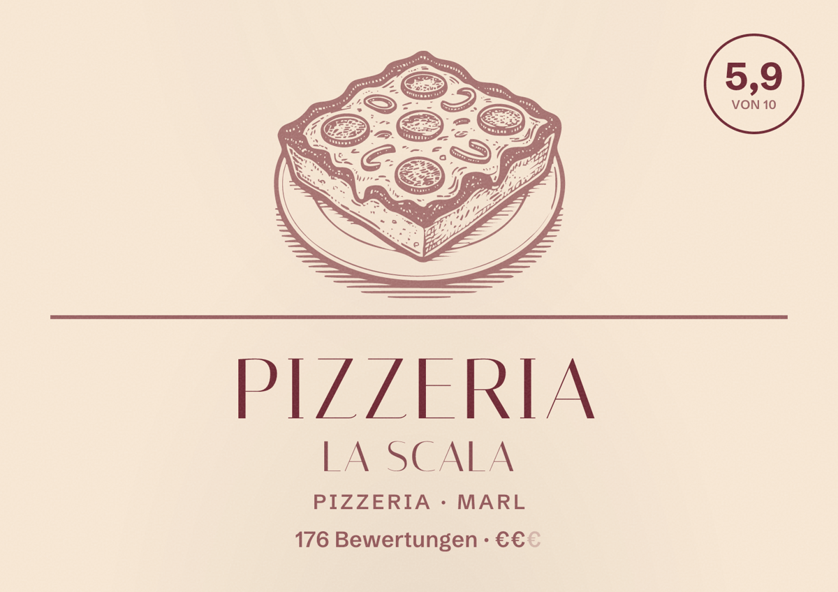 Illustriertes Poster von Pizzeria La Scala, Pizzeria in Marl: Bewertung 5,9 von 10 aus 176 Bewertungen, Preisniveau €€