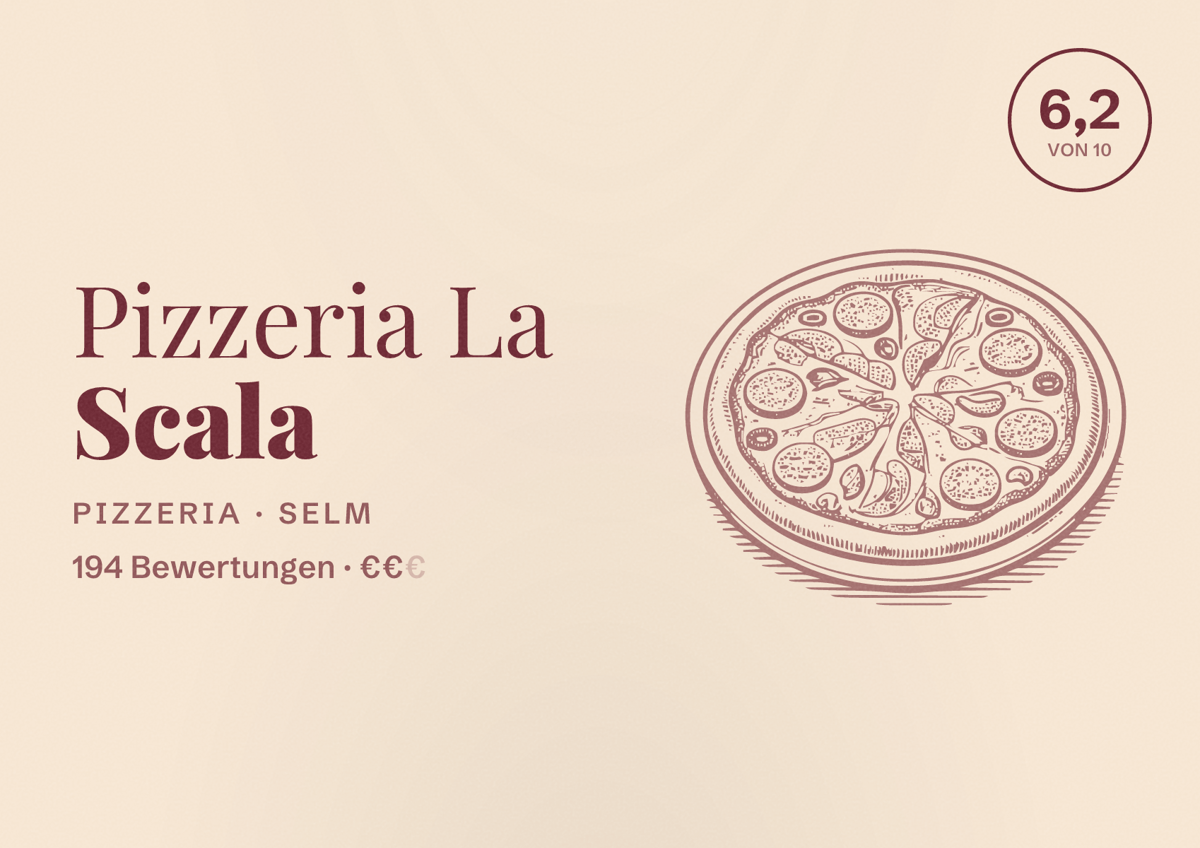 Illustriertes Poster von Pizzeria La Scala, Pizzeria in Selm: Bewertung 6,2 von 10 aus 194 Bewertungen, Preisniveau €€