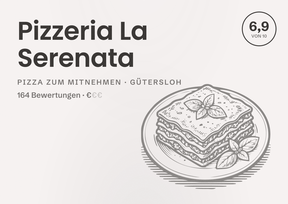 Illustriertes Poster von Pizzeria La Serenata, Pizza zum Mitnehmen in Gütersloh: Bewertung 6,9 von 10 aus 164 Bewertungen, Preisniveau €