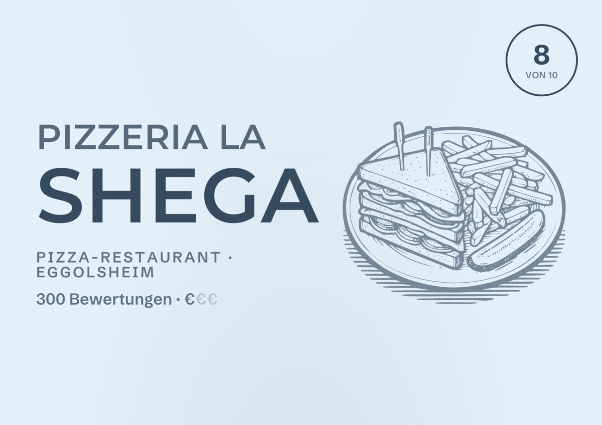 Illustriertes Poster von Pizzeria La Shega, Pizza-Restaurant in Eggolsheim: Bewertung 8 von 10 aus 300 Bewertungen, Preisniveau €