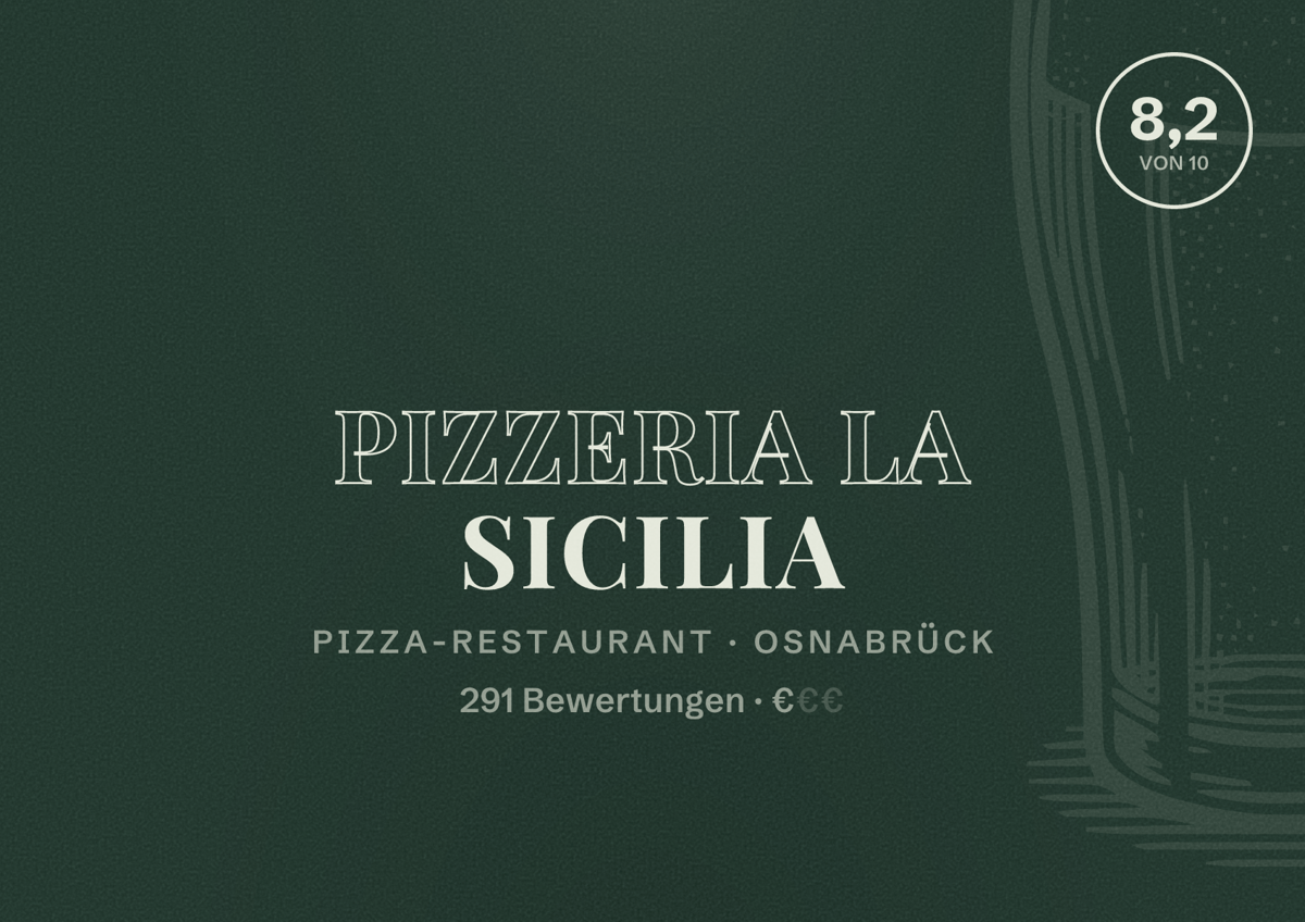 Illustriertes Poster von Pizzeria La Sicilia, Pizza-Restaurant in Osnabrück: Bewertung 8,2 von 10 aus 291 Bewertungen, Preisniveau €