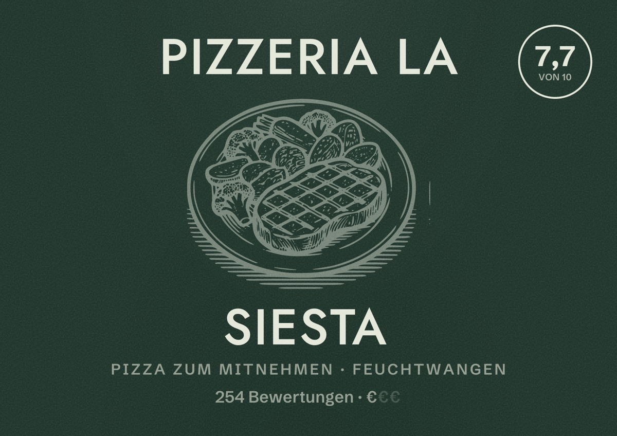 Illustriertes Poster von Pizzeria La Siesta, Pizza zum Mitnehmen in Feuchtwangen: Bewertung 7,7 von 10 aus 254 Bewertungen, Preisniveau €