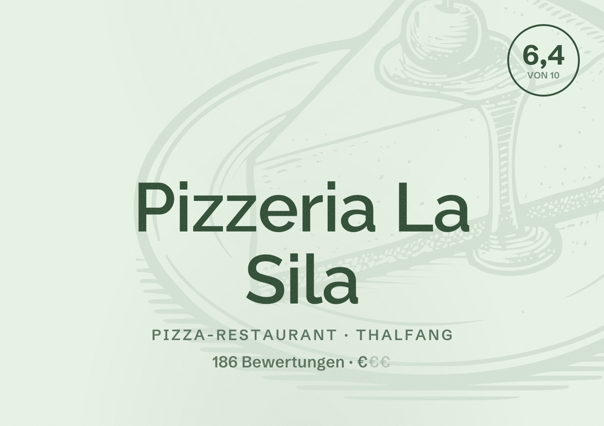 Illustriertes Poster von Pizzeria La Sila, Pizza-Restaurant in Thalfang: Bewertung 6,4 von 10 aus 186 Bewertungen, Preisniveau €