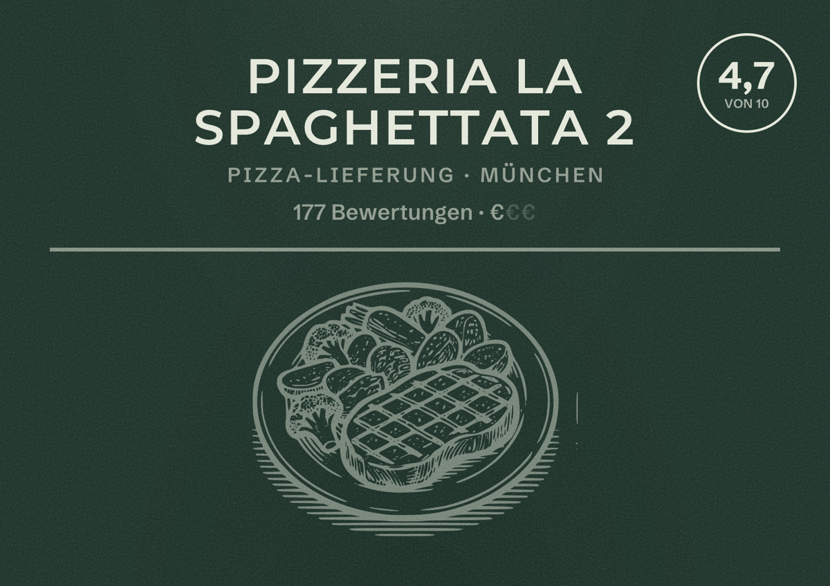 Illustriertes Poster von Pizzeria La Spaghettata 2, Pizza-Lieferung in München: Bewertung 4,7 von 10 aus 177 Bewertungen, Preisniveau €