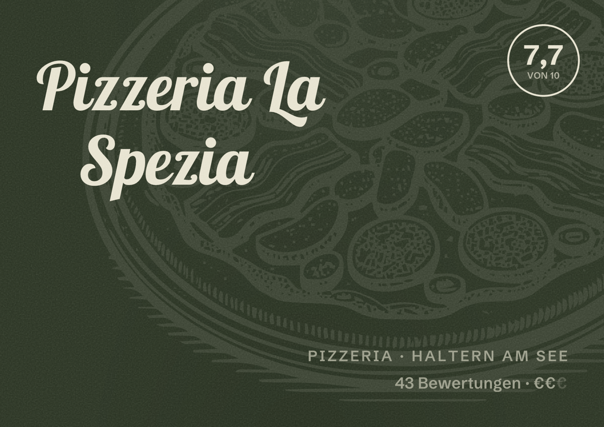 Illustriertes Poster von Pizzeria La Spezia, Pizzeria in Haltern am See: Bewertung 7,7 von 10 aus 43 Bewertungen, Preisniveau €€