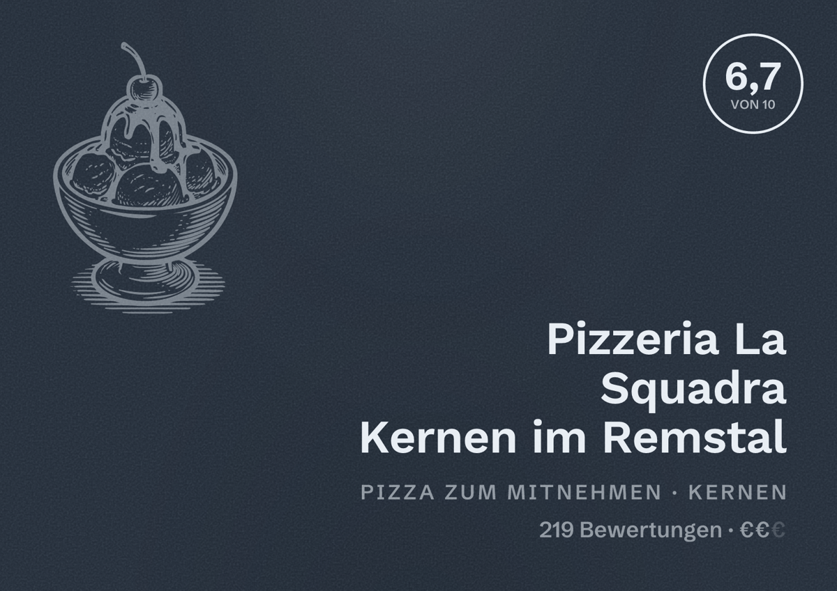 Illustriertes Poster von Pizzeria La Squadra Kernen im Remstal, Pizza zum Mitnehmen in Kernen: Bewertung 6,7 von 10 aus 219 Bewertungen, Preisniveau €€