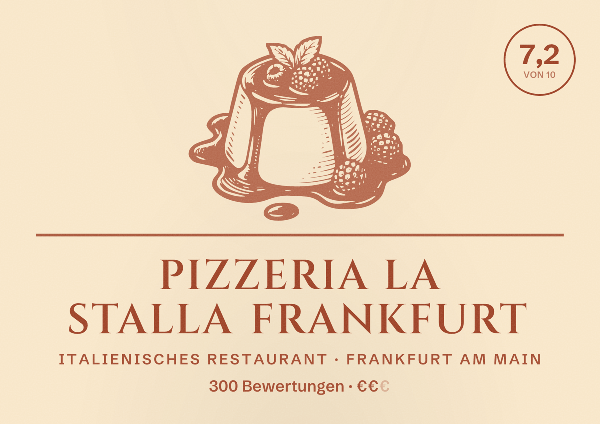 Illustriertes Poster von Pizzeria La Stalla Frankfurt, Italienisches Restaurant in Frankfurt am Main: Bewertung 7,2 von 10 aus 300 Bewertungen, Preisniveau €€