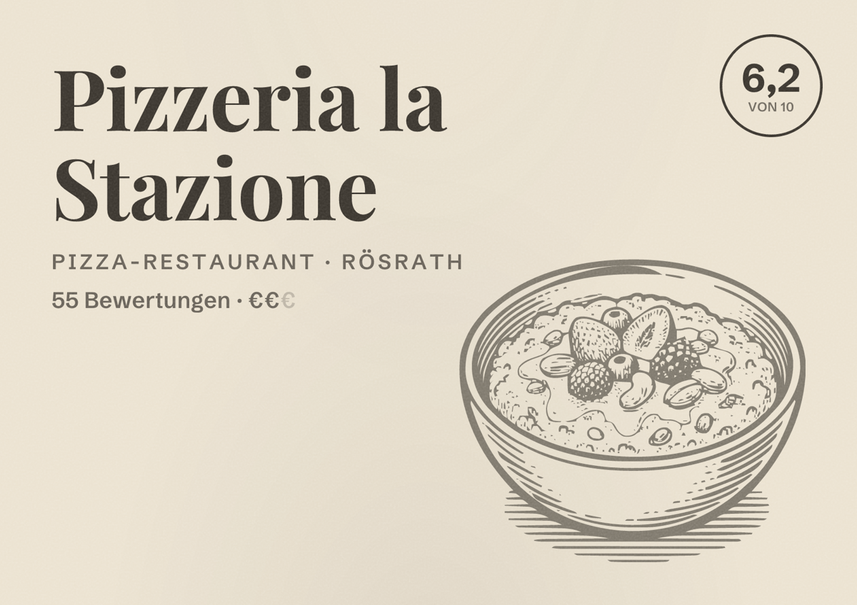 Illustriertes Poster von Pizzeria la Stazione, Pizza-Restaurant in Rösrath: Bewertung 6,2 von 10 aus 55 Bewertungen, Preisniveau €€