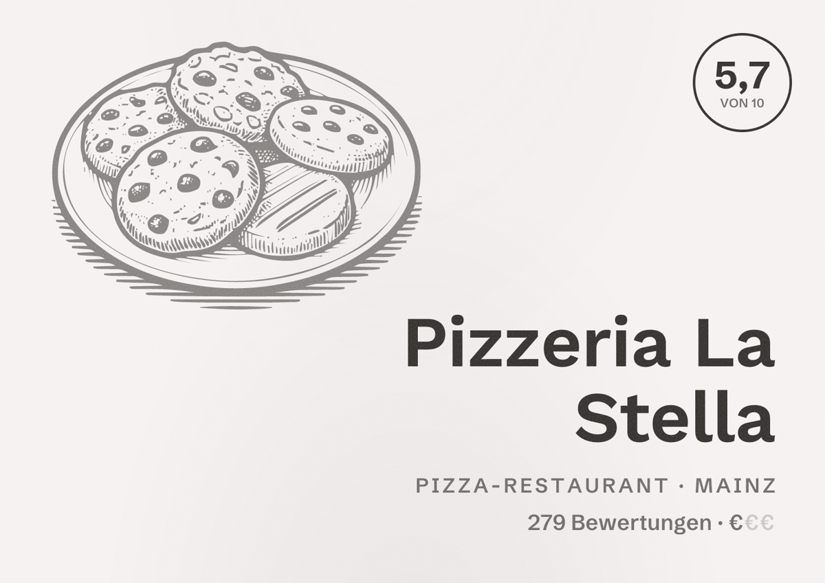 Illustriertes Poster von Pizzeria La Stella, Pizza-Restaurant in Mainz: Bewertung 5,7 von 10 aus 279 Bewertungen, Preisniveau €