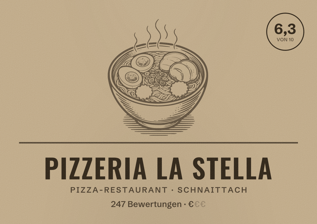 Illustriertes Poster von Pizzeria La Stella, Pizza-Restaurant in Schnaittach: Bewertung 6,3 von 10 aus 247 Bewertungen, Preisniveau €