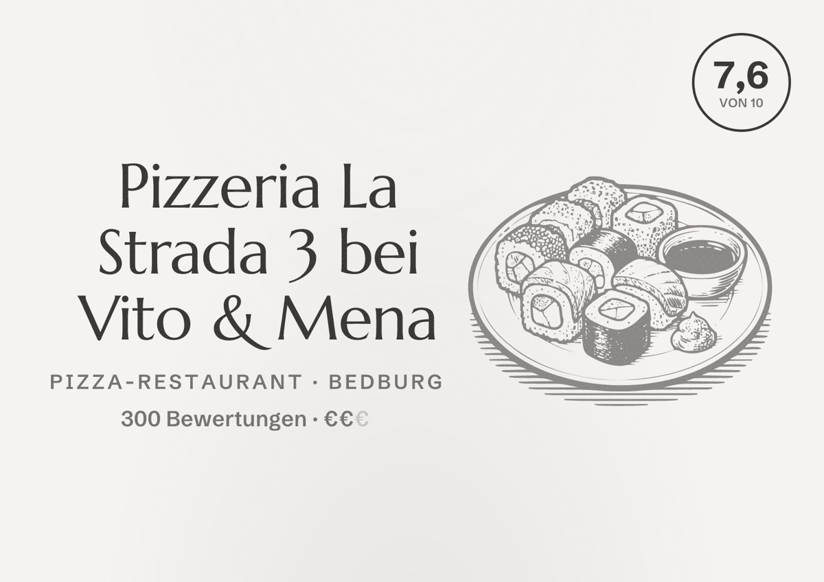 Illustriertes Poster von Pizzeria La Strada 3 bei Vito & Mena, Pizza-Restaurant in Bedburg: Bewertung 7,6 von 10 aus 300 Bewertungen, Preisniveau €€