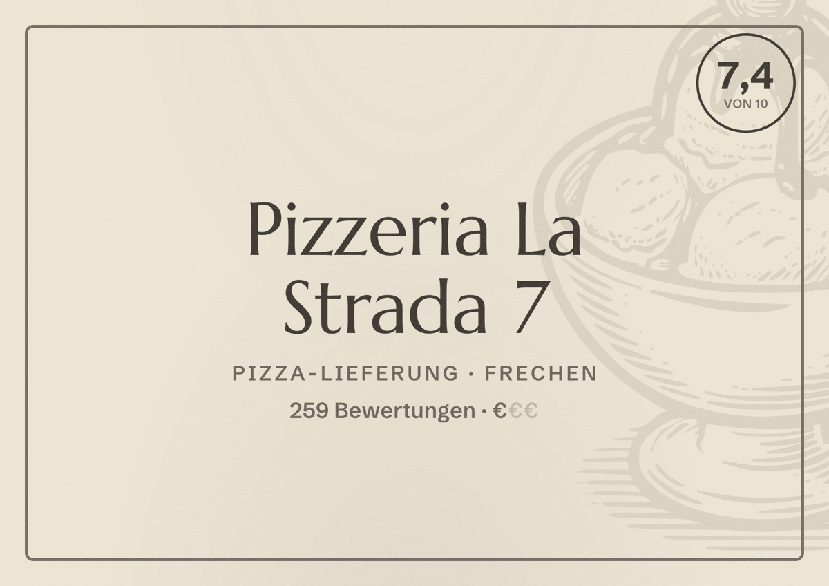 Illustriertes Poster von Pizzeria La Strada 7, Pizza-Lieferung in Frechen: Bewertung 7,4 von 10 aus 259 Bewertungen, Preisniveau €